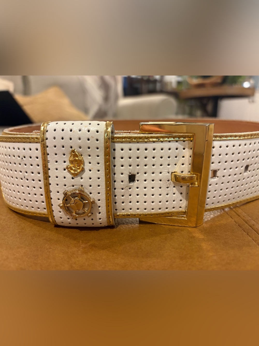 White Perforated Leather Belt with Gold Buckle and Trim